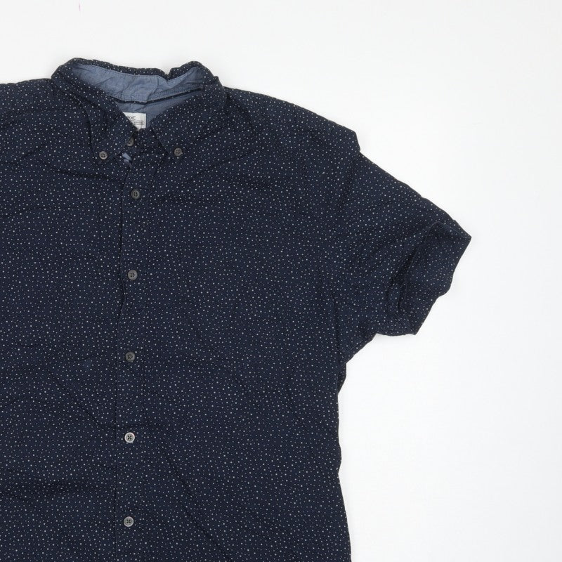 Next Men’s Blue Polka Dot Cotton Button-Down Short Sleeve Shirt L