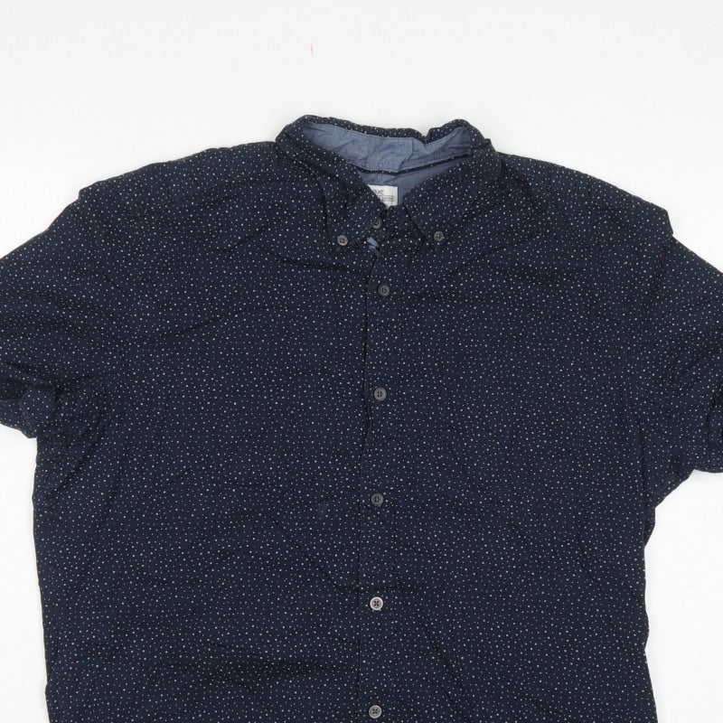 Next Men’s Blue Polka Dot Cotton Button-Down Short Sleeve Shirt L