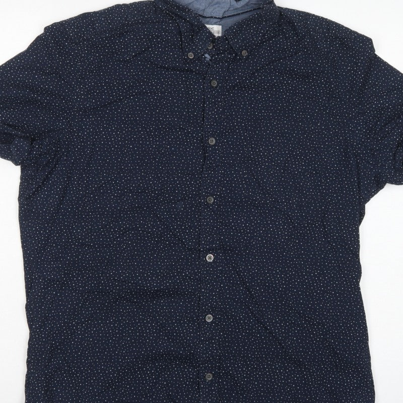Next Men’s Blue Polka Dot Cotton Button-Down Short Sleeve Shirt L