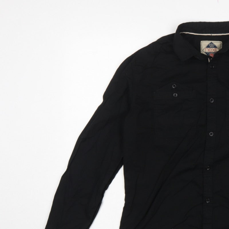 Next Men Black M Vintage Wash Long Sleeve Button-Up Pocket Shirt