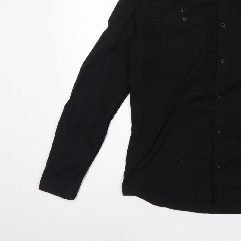 Next Men Black M Vintage Wash Long Sleeve Button-Up Pocket Shirt