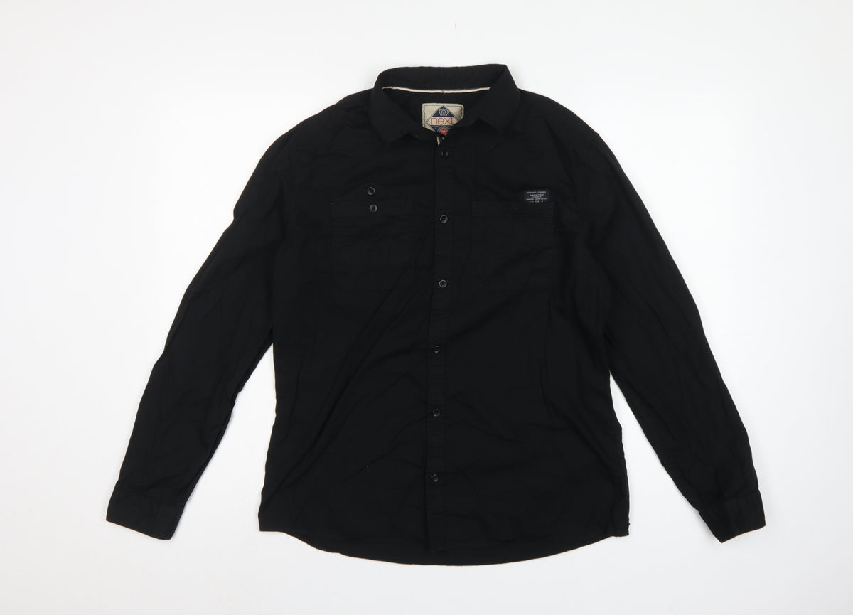 Next Men Black M Vintage Wash Long Sleeve Button-Up Pocket Shirt