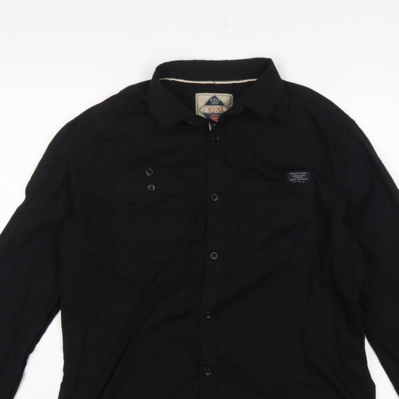 Next Men Black M Vintage Wash Long Sleeve Button-Up Pocket Shirt