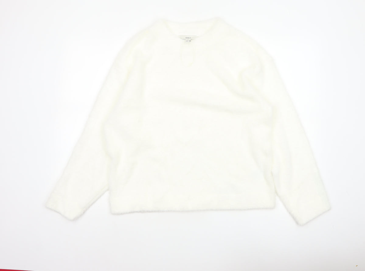 Marks & Spencer Women's Ivory M Regular Fuzzy V-Neck Jumper Long Sleeve