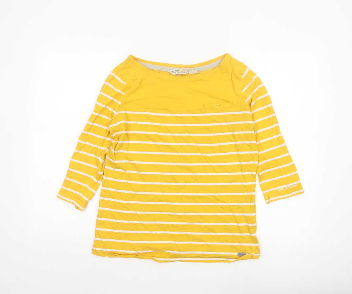 Regatta Women Yellow White Striped Basic Jersey Top UK 12 3/4 Sleeve