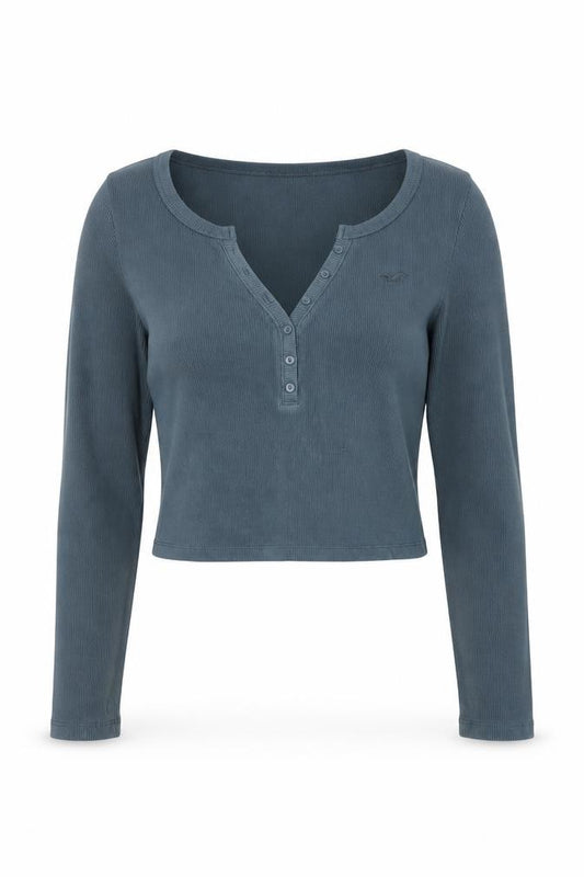 Hollister Women Blue UK 12 Cropped Ribbed Henley Long Sleeve T-Shirt