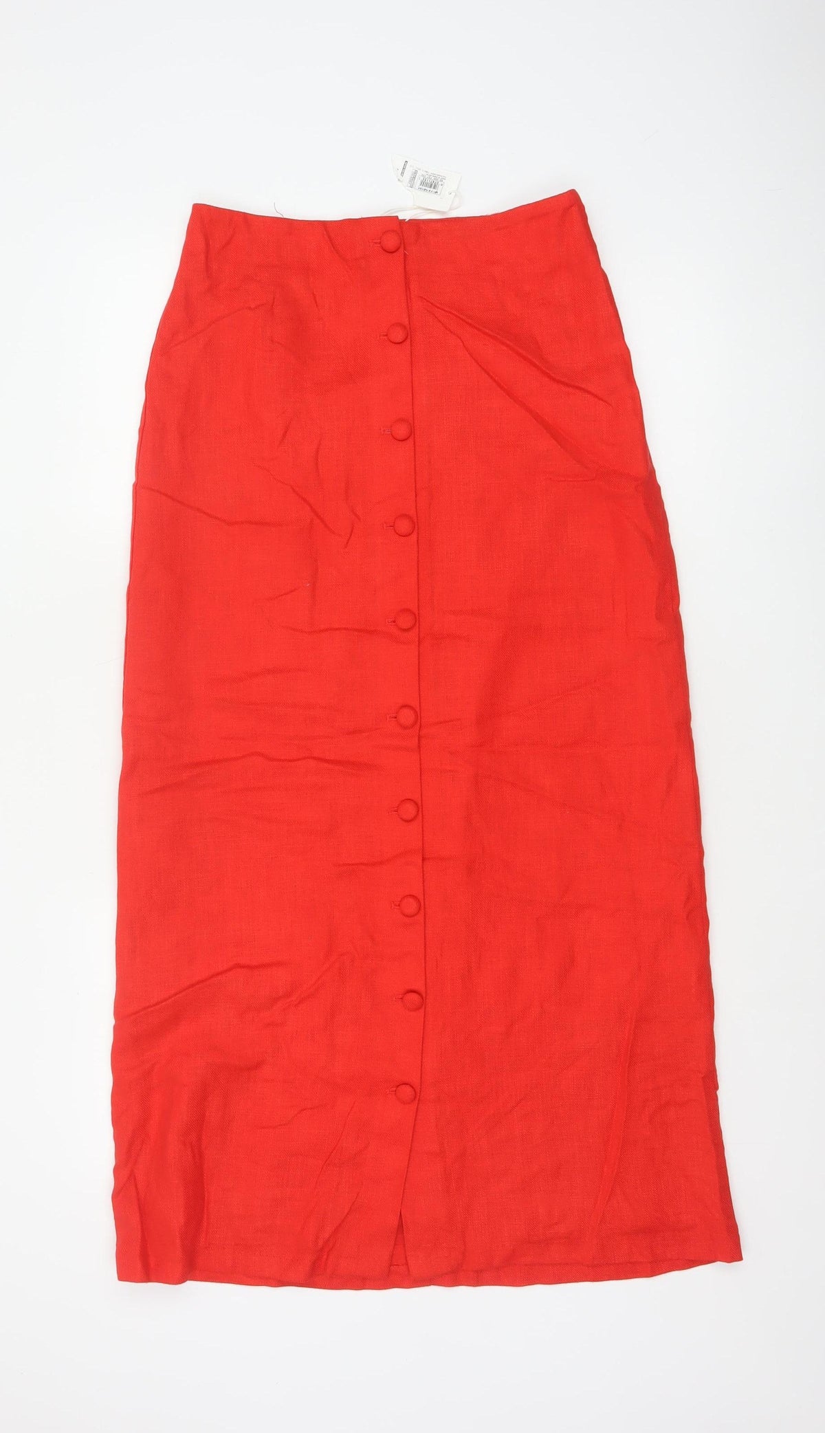M&S Women Red Size 8 Linen Blend Button Front Long Pencil Skirt