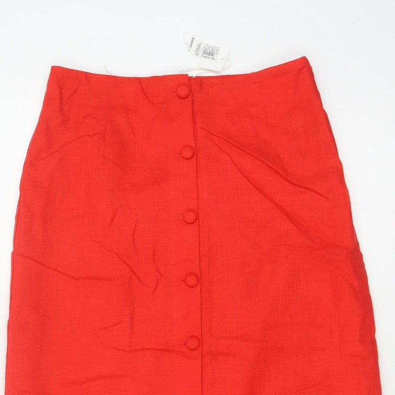 M&S Women Red Size 8 Linen Blend Button Front Long Pencil Skirt