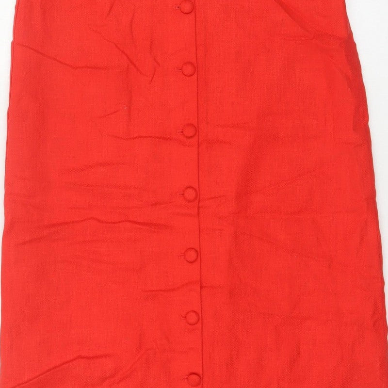 M&S Women Red Size 8 Linen Blend Button Front Long Pencil Skirt