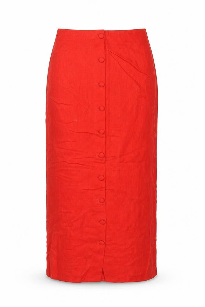M&S Women Red Size 8 Linen Blend Button Front Long Pencil Skirt