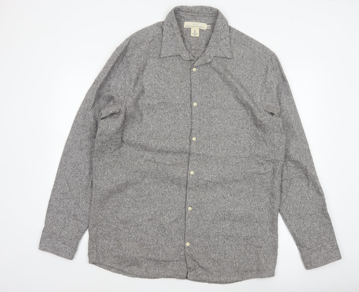 H&M LOGG Men’s Grey Herringbone Cotton Blend Long Sleeve Shirt L