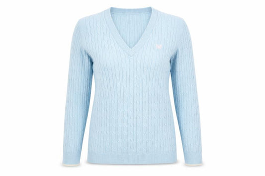 Crew Clothing Company Women Blue Cable Knit V-Neck Jumper Size 10