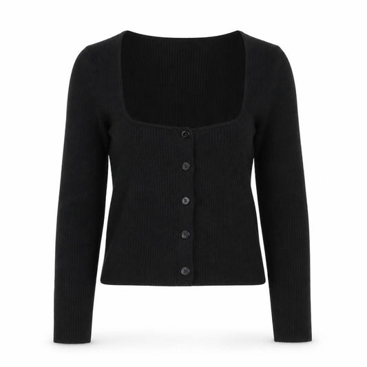 Stradivarius Women Black S Rib Knit V-Neck Button Cardigan