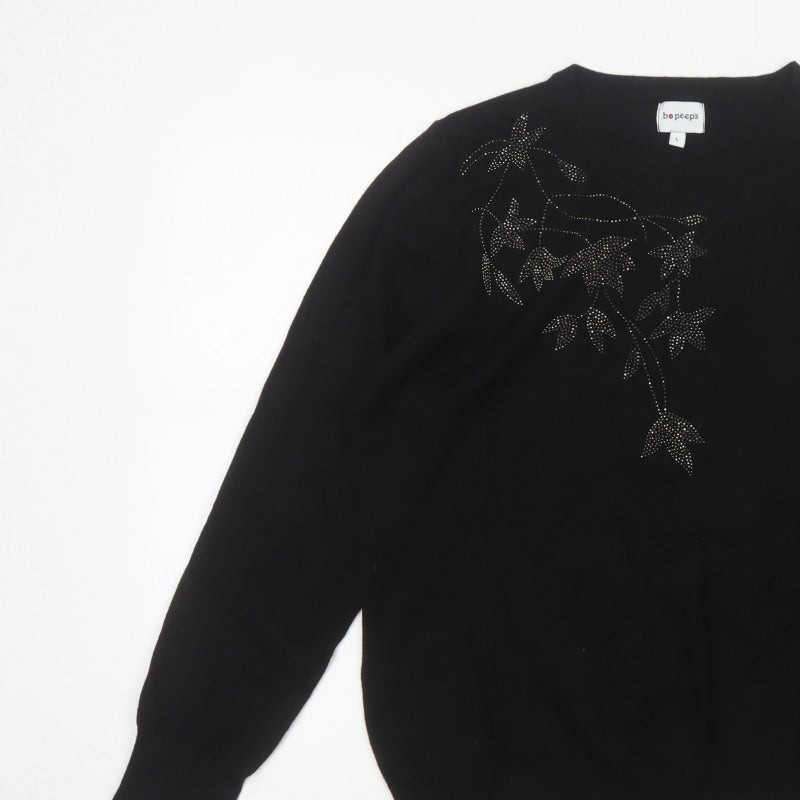 Bo Peep's Women Black L Floral Rhinestone Knit Pullover Jumper