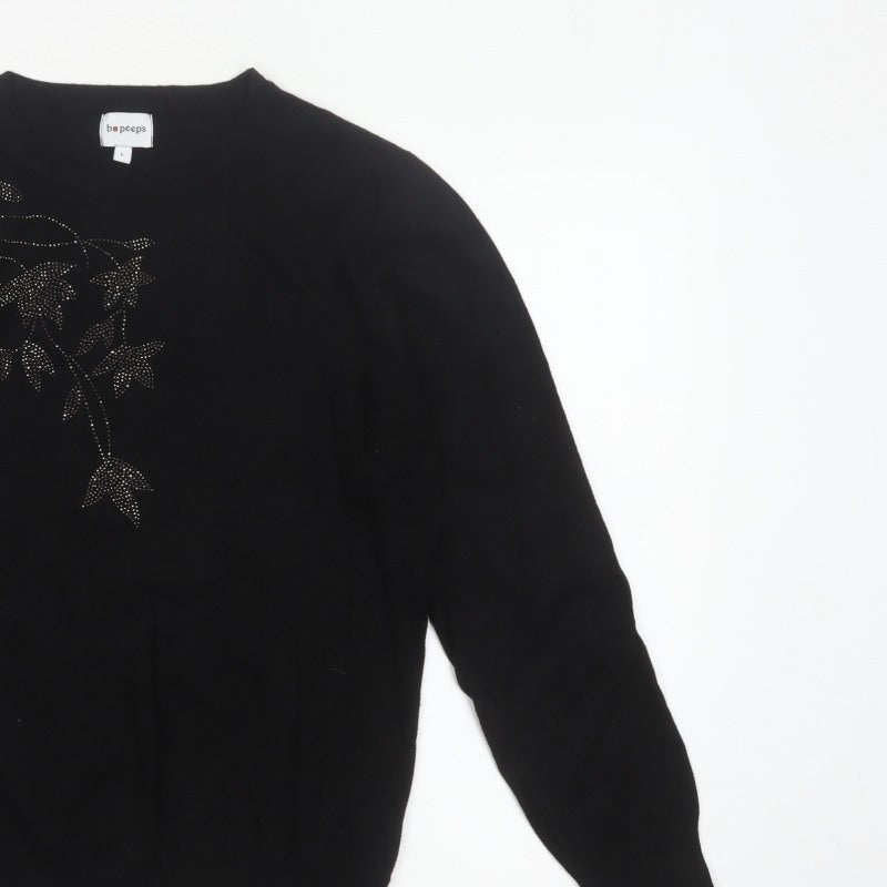 Bo Peep's Women Black L Floral Rhinestone Knit Pullover Jumper