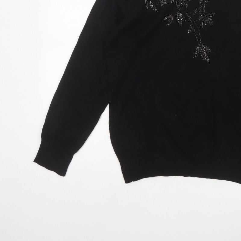 Bo Peep's Women Black L Floral Rhinestone Knit Pullover Jumper