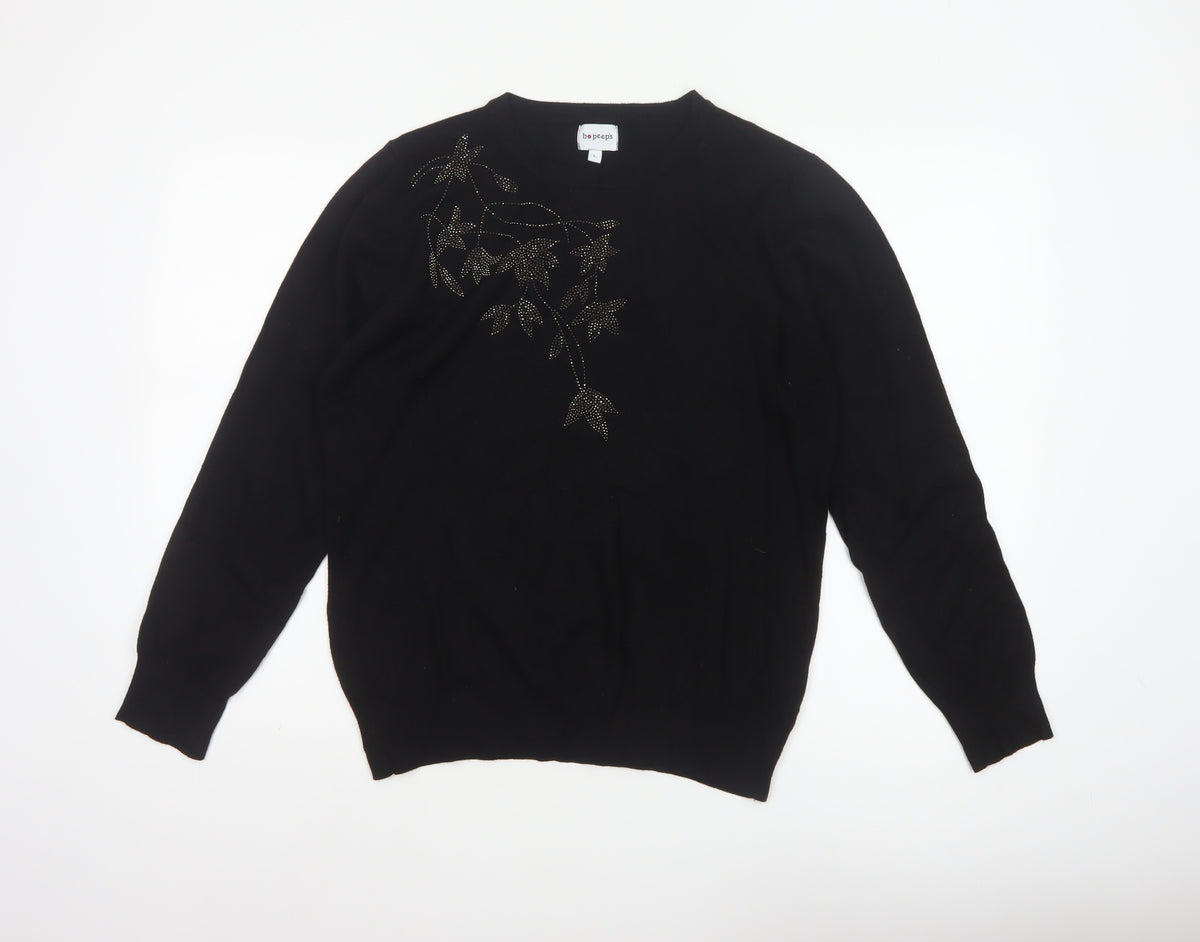 Bo Peep's Women Black L Floral Rhinestone Knit Pullover Jumper