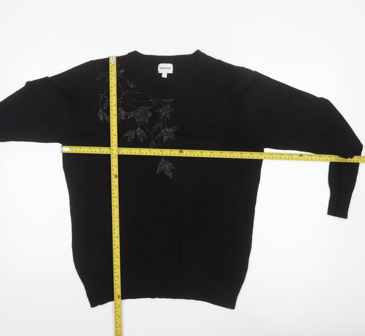 Bo Peep's Women Black L Floral Rhinestone Knit Pullover Jumper