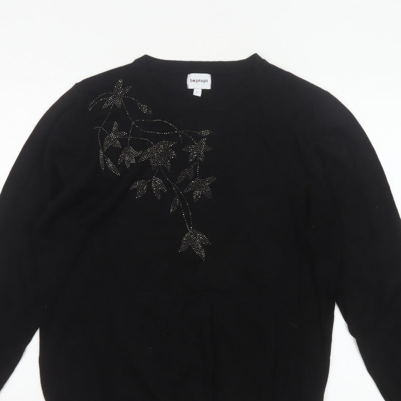 Bo Peep's Women Black L Floral Rhinestone Knit Pullover Jumper
