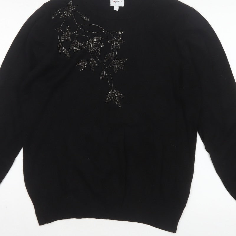 Bo Peep's Women Black L Floral Rhinestone Knit Pullover Jumper