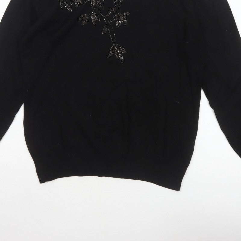 Bo Peep's Women Black L Floral Rhinestone Knit Pullover Jumper