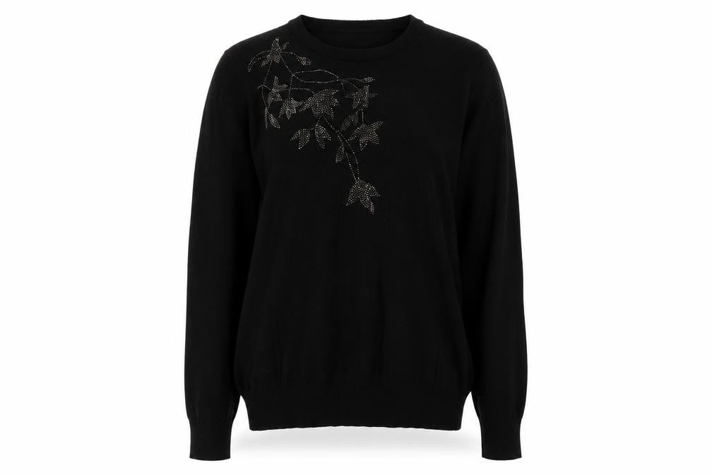 Bo Peep's Women Black L Floral Rhinestone Knit Pullover Jumper