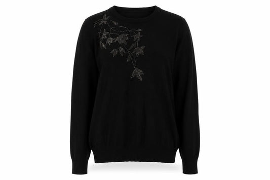 Bo Peep's Women Black L Floral Rhinestone Knit Pullover Jumper