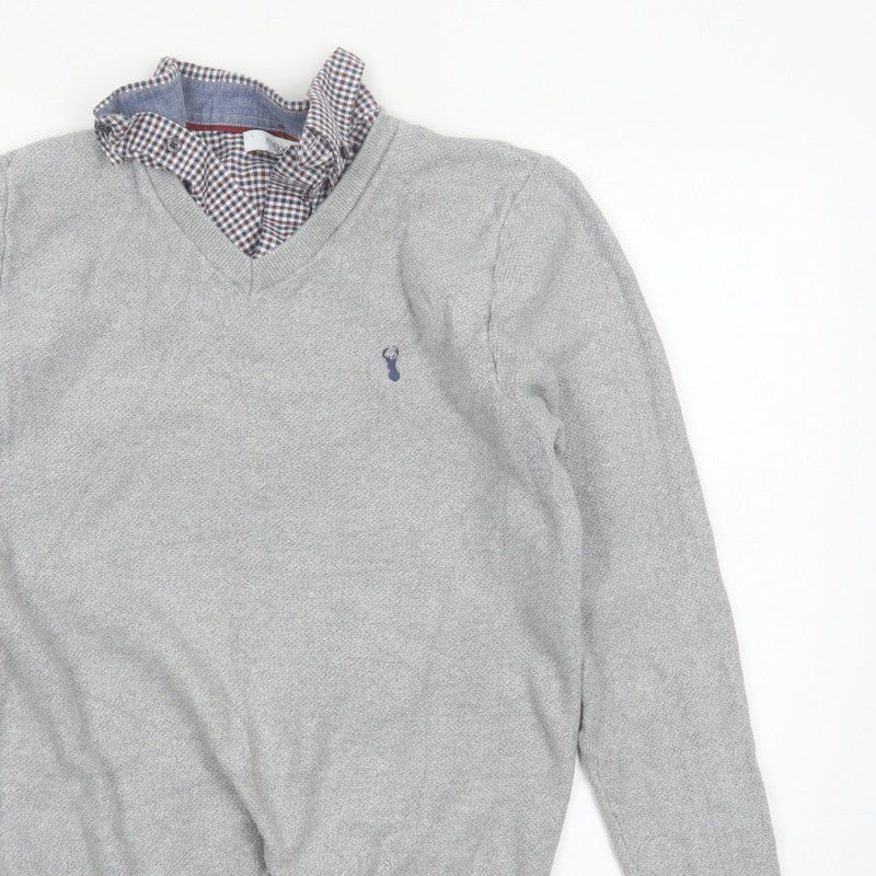 Next Men’s Grey Cotton V-Neck Logo Pullover Jumper Size M