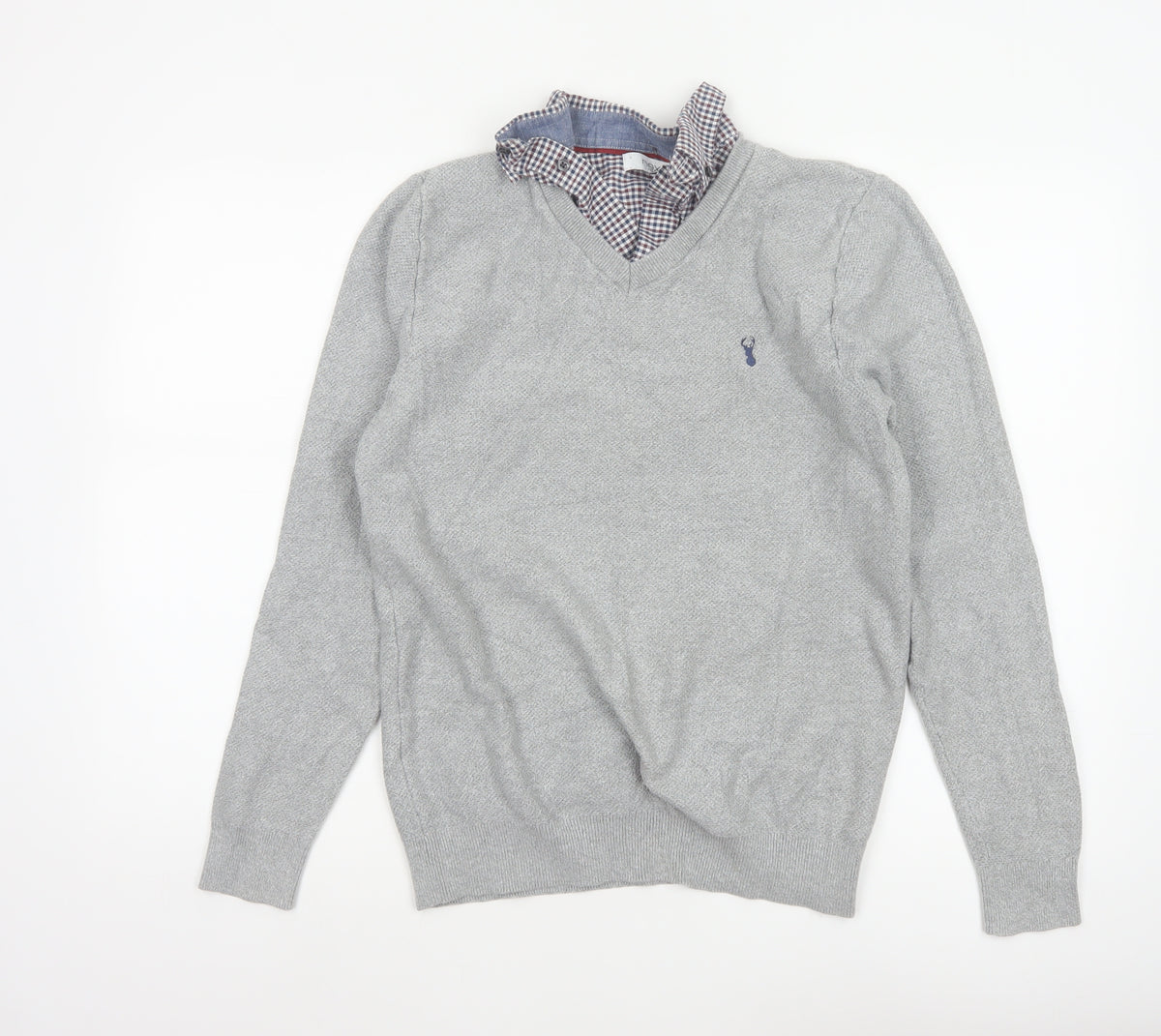 Next Men’s Grey Cotton V-Neck Logo Pullover Jumper Size M