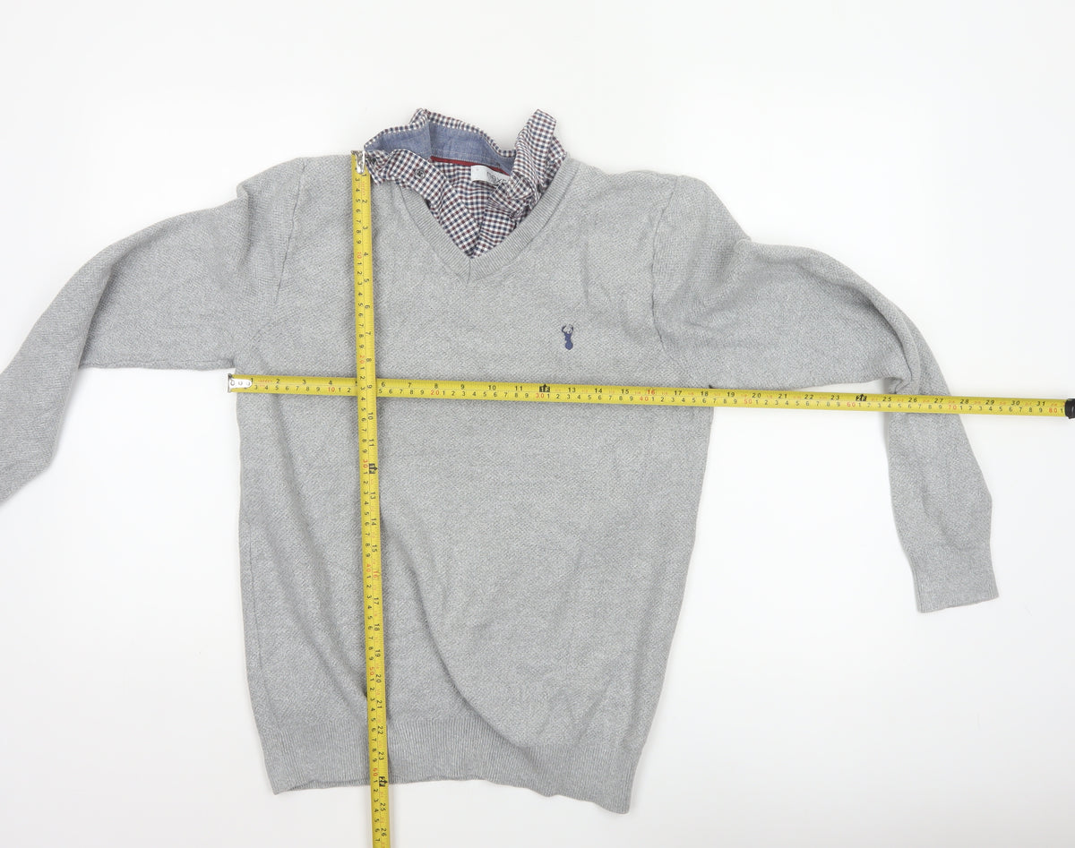 Next Men’s Grey Cotton V-Neck Logo Pullover Jumper Size M
