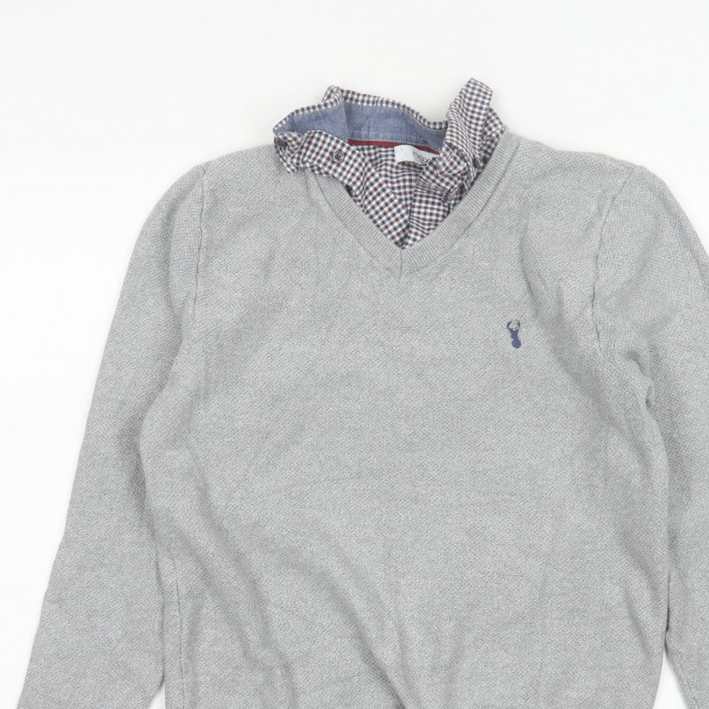 Next Men’s Grey Cotton V-Neck Logo Pullover Jumper Size M