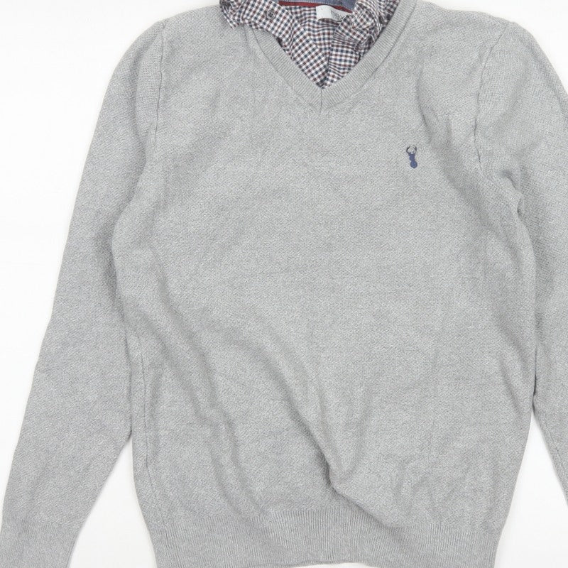 Next Men’s Grey Cotton V-Neck Logo Pullover Jumper Size M