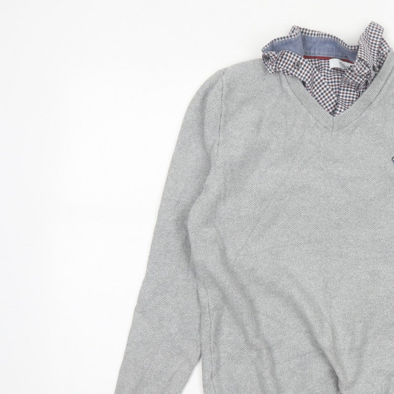 Next Men’s Grey Cotton V-Neck Logo Pullover Jumper Size M