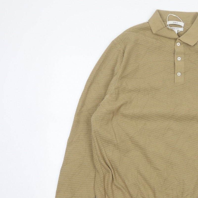 Marks and Spencer Men Beige 2XL Cotton Rich Collared Henley Jumper