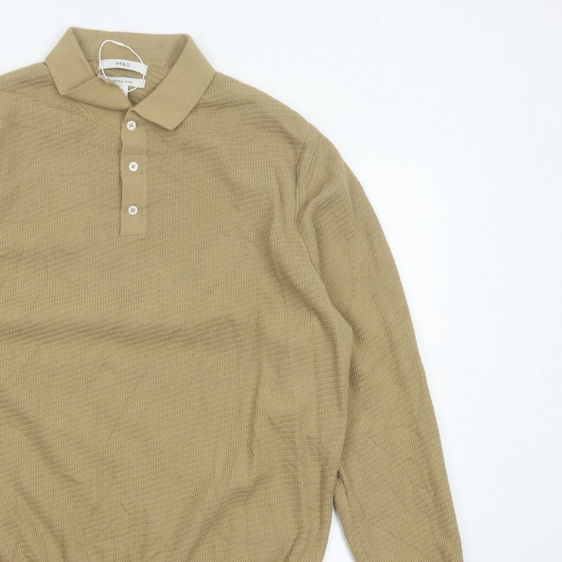 Marks and Spencer Men Beige 2XL Cotton Rich Collared Henley Jumper