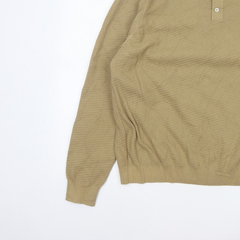 Marks and Spencer Men Beige 2XL Cotton Rich Collared Henley Jumper