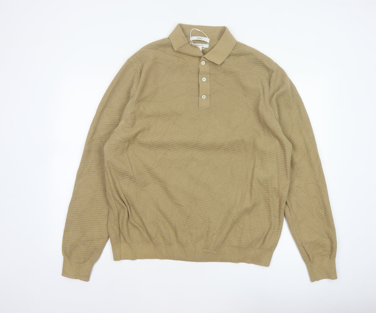 Marks and Spencer Men Beige 2XL Cotton Rich Collared Henley Jumper