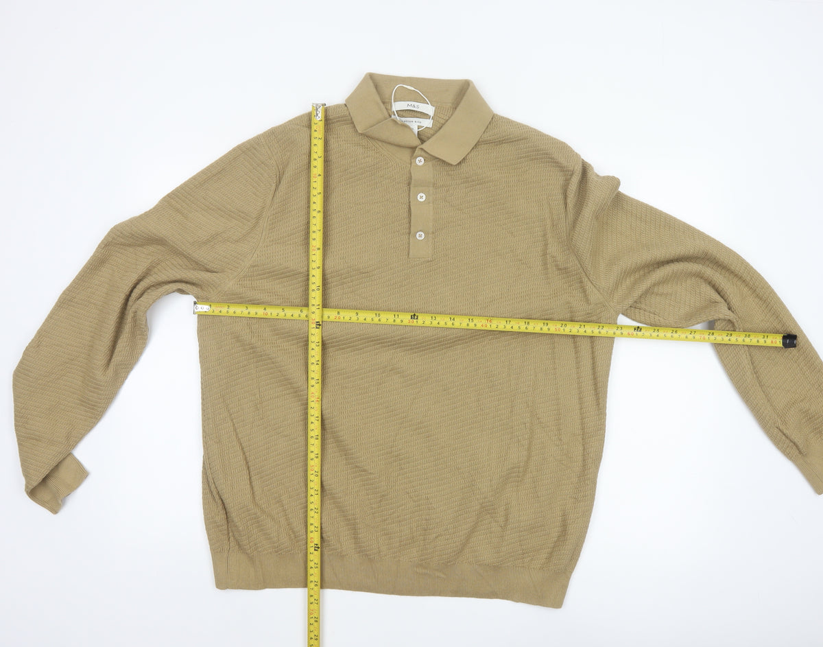 Marks and Spencer Men Beige 2XL Cotton Rich Collared Henley Jumper