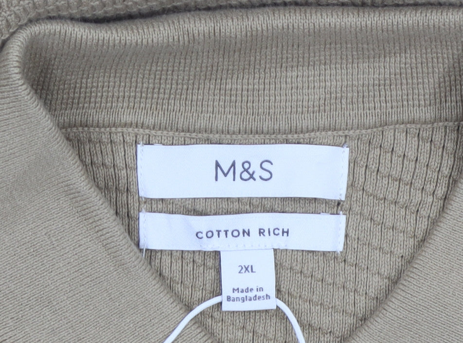 Marks and Spencer Men Beige 2XL Cotton Rich Collared Henley Jumper