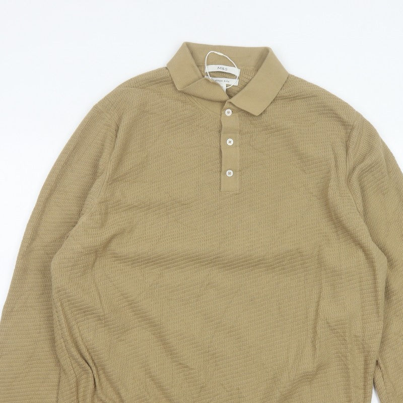 Marks and Spencer Men Beige 2XL Cotton Rich Collared Henley Jumper