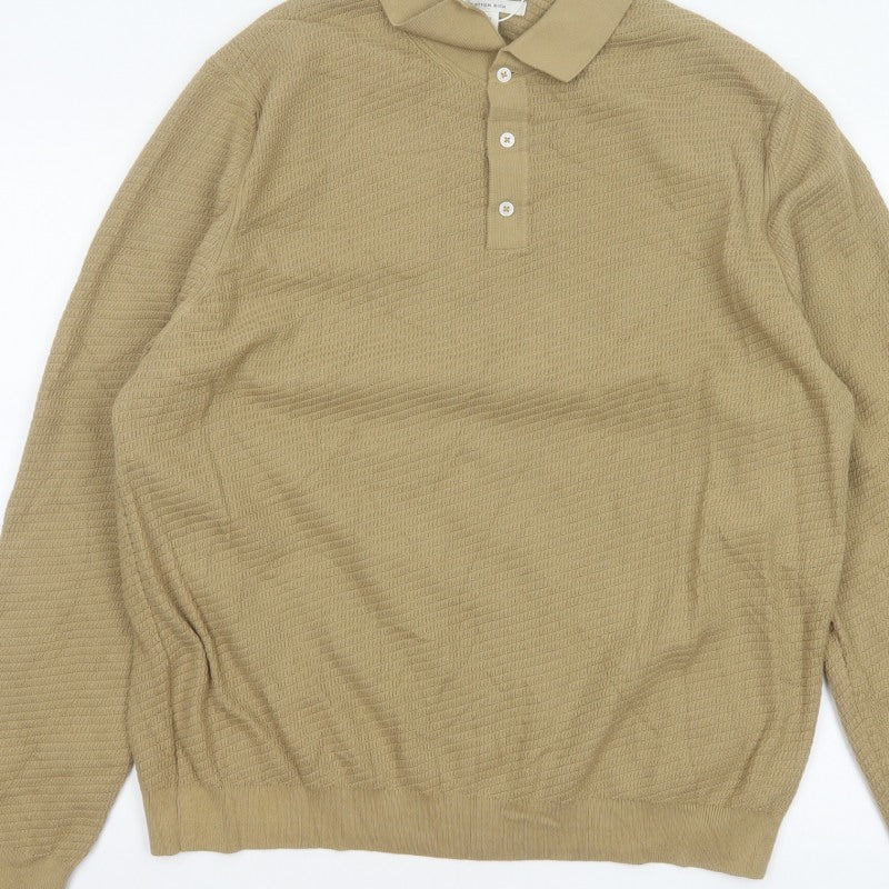 Marks and Spencer Men Beige 2XL Cotton Rich Collared Henley Jumper