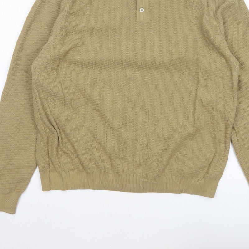 Marks and Spencer Men Beige 2XL Cotton Rich Collared Henley Jumper