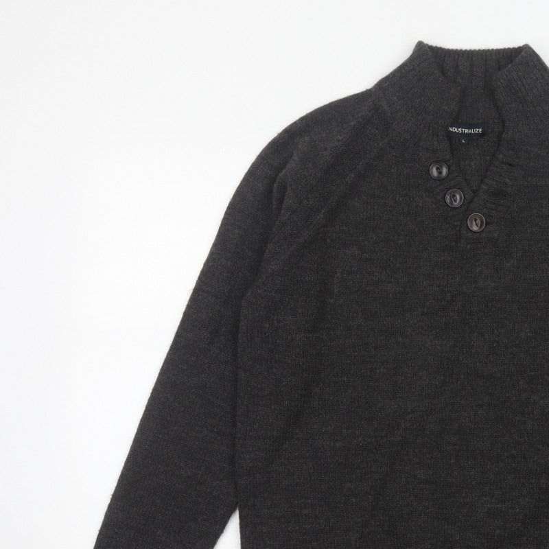 Industrialize Men's Grey L Henley High Neck Button Knit Jumper