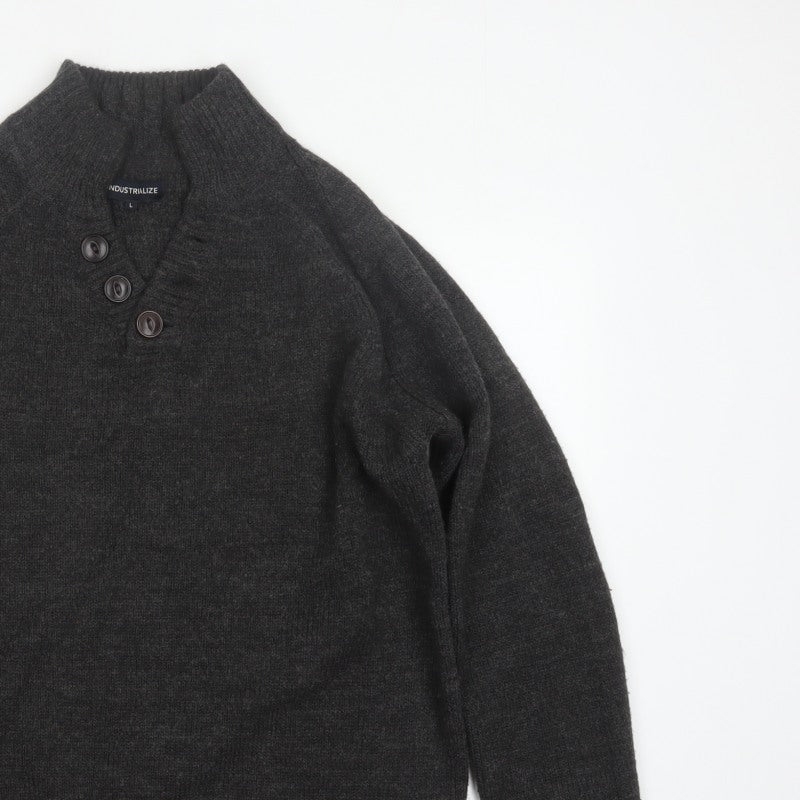 Industrialize Men's Grey L Henley High Neck Button Knit Jumper