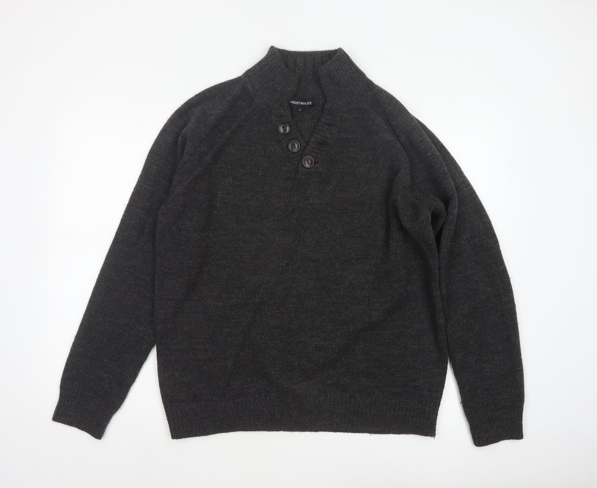 Industrialize Men's Grey L Henley High Neck Button Knit Jumper