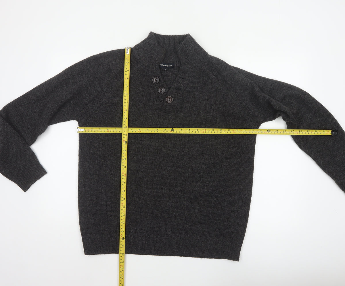 Industrialize Men's Grey L Henley High Neck Button Knit Jumper