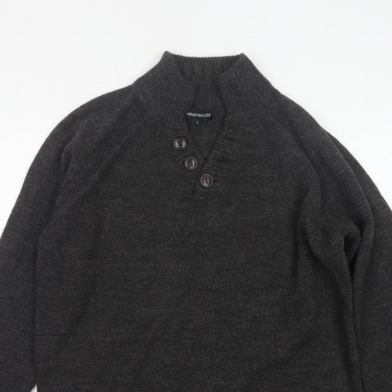 Industrialize Men's Grey L Henley High Neck Button Knit Jumper