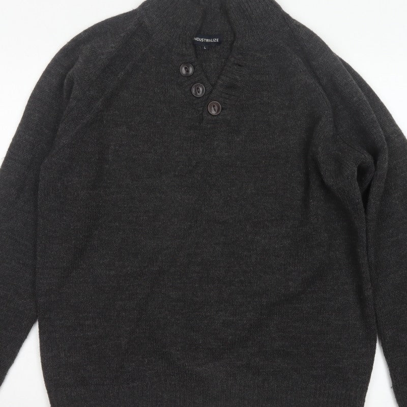 Industrialize Men's Grey L Henley High Neck Button Knit Jumper