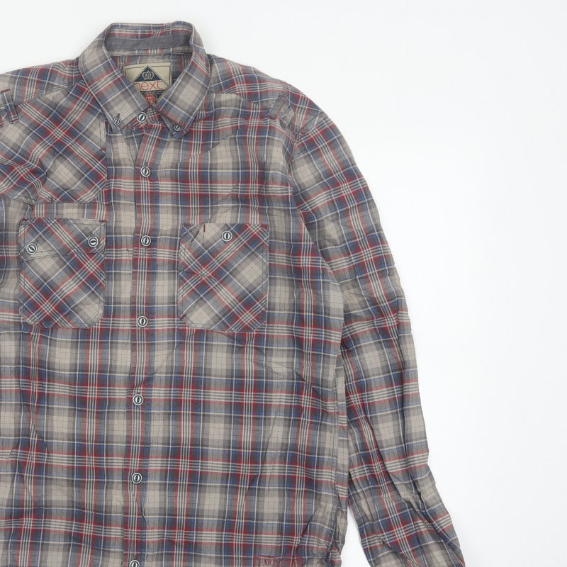 Next Teens Grey Plaid Check Long Sleeve Button-Up Shirt M Workwear