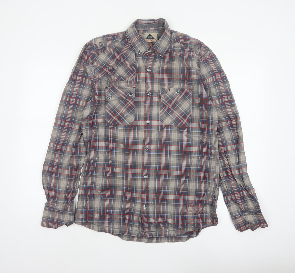 Next Teens Grey Plaid Check Long Sleeve Button-Up Shirt M Workwear